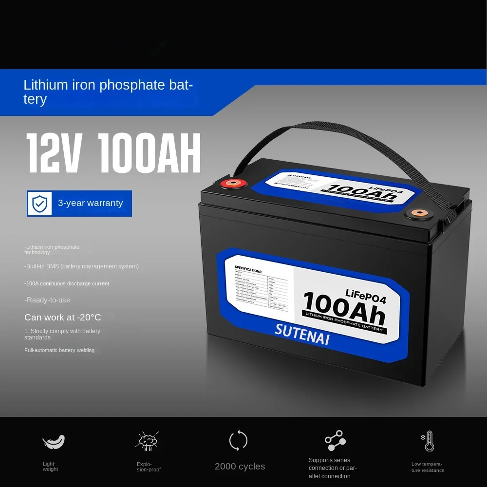 12V 100Ah ličio geležies fosfato baterija LiFePO4 įmontuota BMS LiFePO4 baterija saulės energijos sistemai RV namo velkiavimo variklis Nuotrauka 0