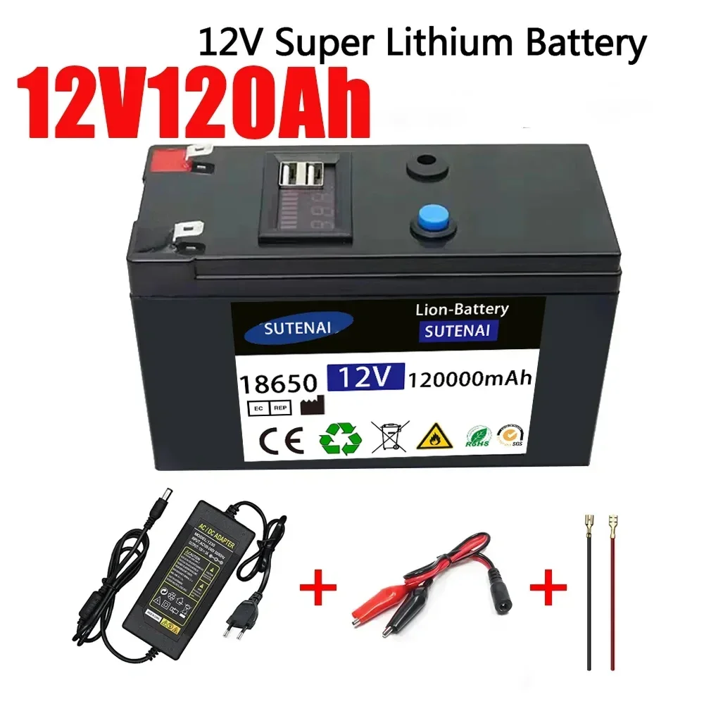 12V Baterija 120Ah 18650 ličio baterija Įkraunama baterija saulės energijai elektromobilio baterija+12.6v3A įkroviklis Nuotrauka 1