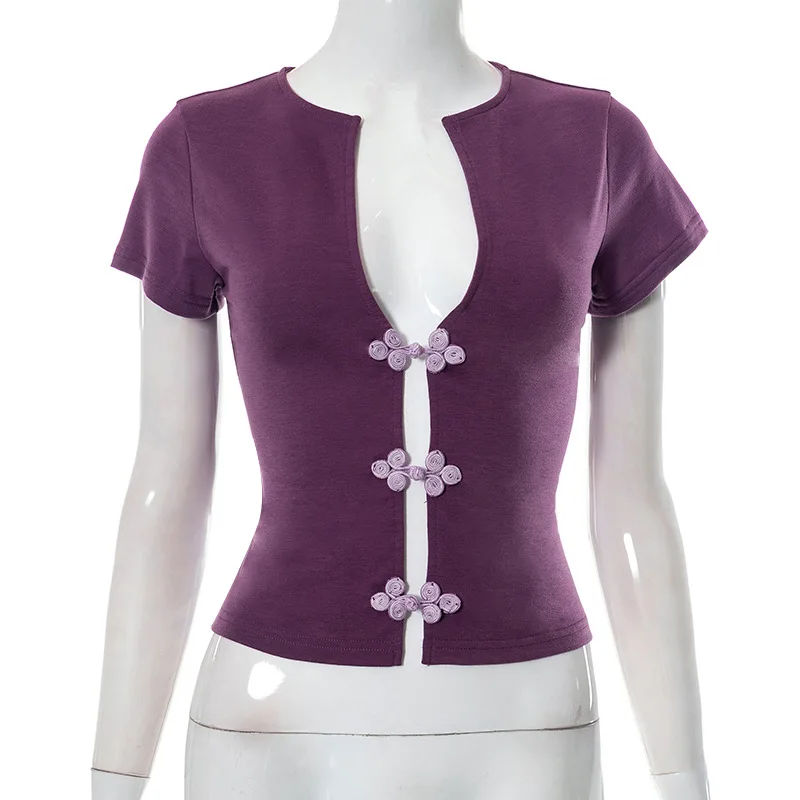 2023 Moterų vasaros nauji apvalaus kaklo spalvų kontrastai Slyvų sagos megztiniai trumpomis rankovėmis Laisvalaikio marškinėliai Nuotrauka 5