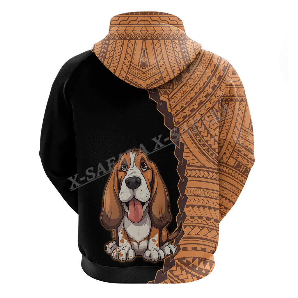 Basset Hound Dog Polynesian Tribal 3D Print Zipper Hoodie Men Pullover Sweatover Sweat Jersey Sportinio kostiumo drabužis su gobtuvu Casual-1 Nuotrauka 1