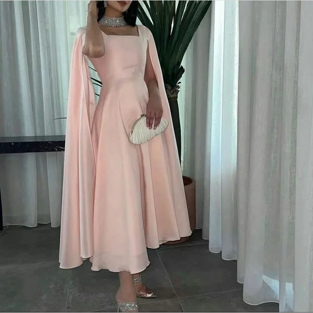 Elegantiškas rožinis šifono kvadratinės apykaklės chalatas De Soirée vakarinė suknelė Oficiali vakarėlio suknelė Paprastos A-Line Prom suknelės Pagal užsakymą pagamintos 2023 Nuotrauka 0