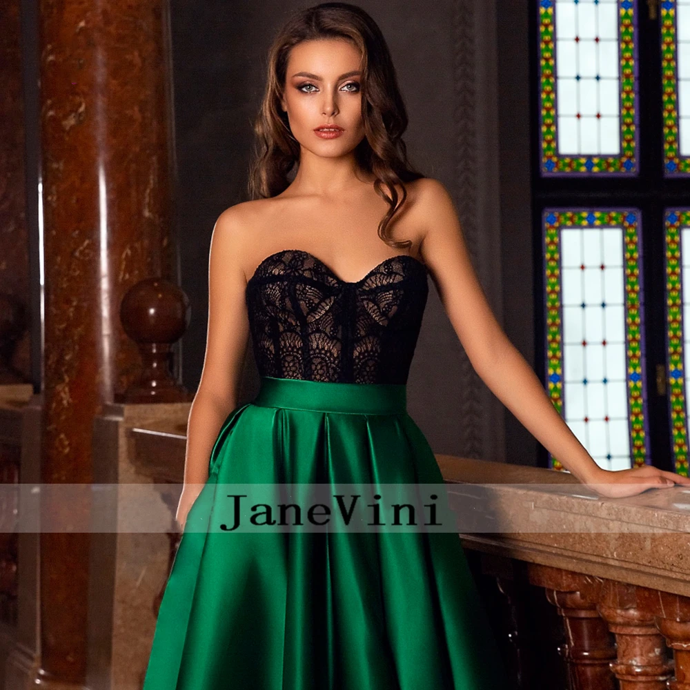 JaneVini 2020 Puošnios smaragdo žalios satino ilgos vakarinės suknelės Mielaširdingos nėriniai High Split A Line Dubajaus arabiška oficiali vakarėlio suknelė Nuotrauka 1