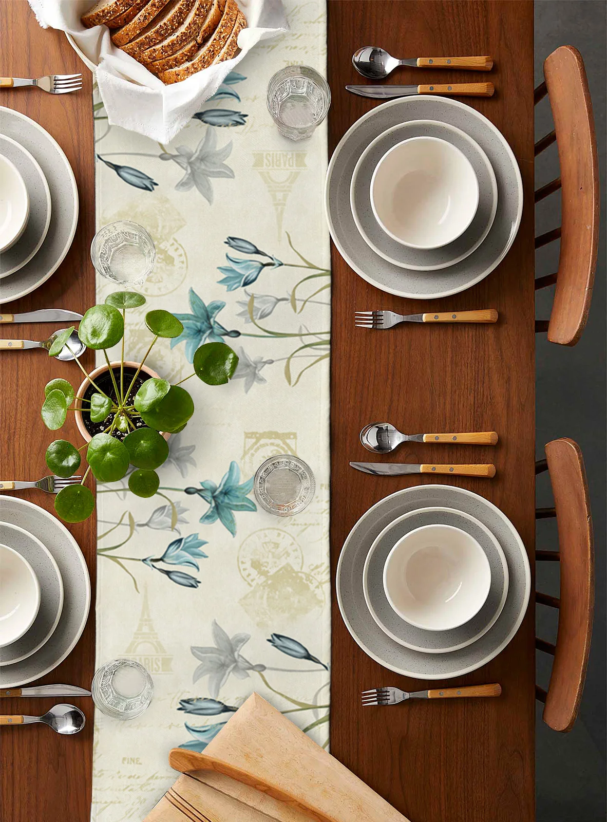 Kaimiškas vintažinis Tulpių žiedas Paukštis Lininis stalas Bėgikas Virtuvės stalo dekoravimas Sodybos valgomojo staltiesė Vestuvių vakarėlio dekoras Nuotrauka 1