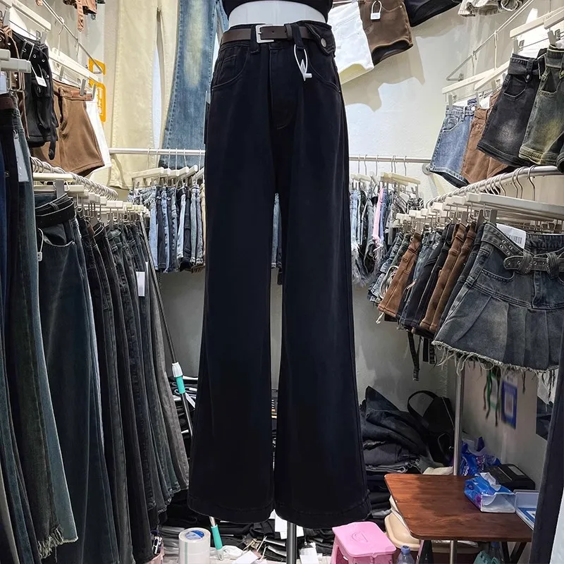 Moterys Džinsai aukštu liemeniu Šilti tiesių kojų džinsai Žieminiai nauji vintažiniai džinsai Gatvės apranga Y2k Džinsinės kelnės Nuotrauka 3