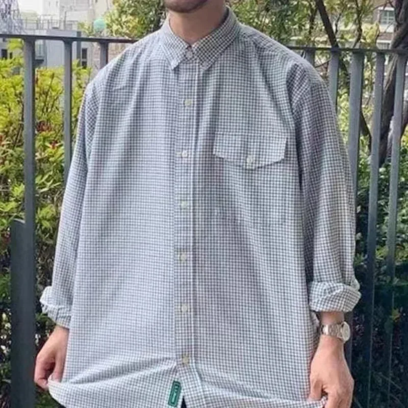 Sijos Bendro prekės ženklo vyriški marškiniai ilgomis rankovėmis Japoniški rudeniniai vintažiniai vientisi pledai Laisvalaikio laisvalaikio vienos krūtinės išoriniai paltai Nuotrauka 0