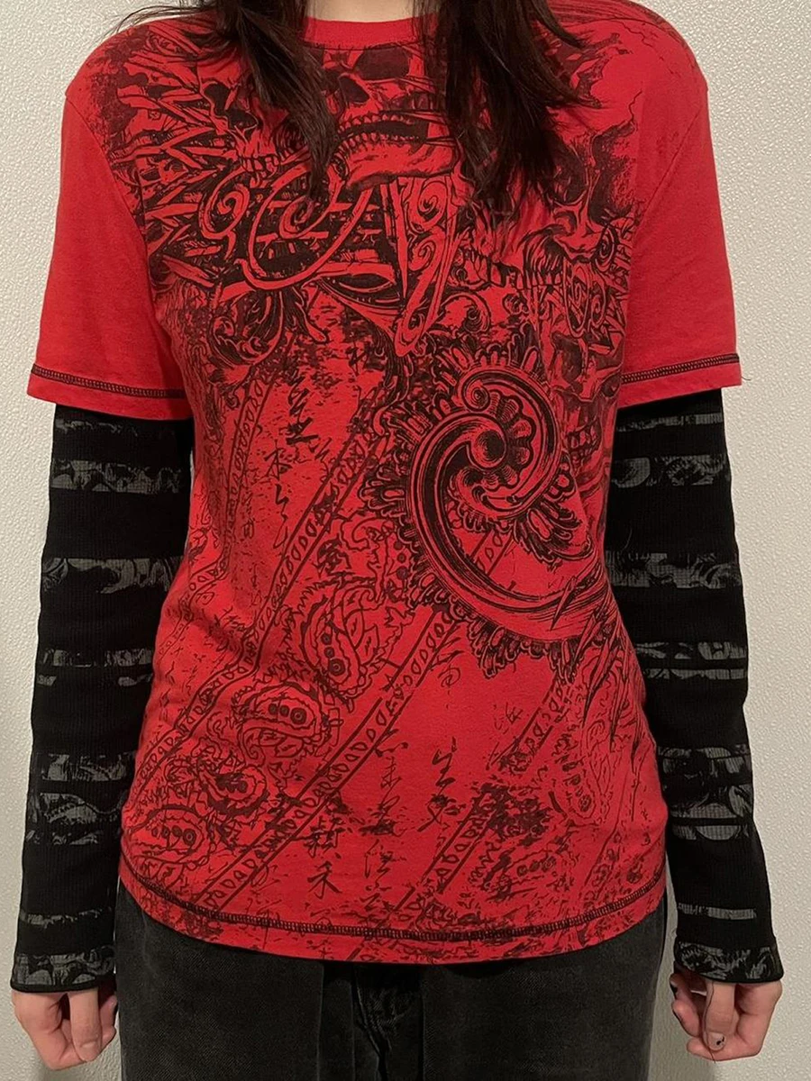 Women s Grunge Tops Abstract Print Ilgomis rankovėmis apvaliu kaklu laisvi marškinėliai Netikri dviejų dalių gatvės drabužių viršugalviai Nuotrauka 0