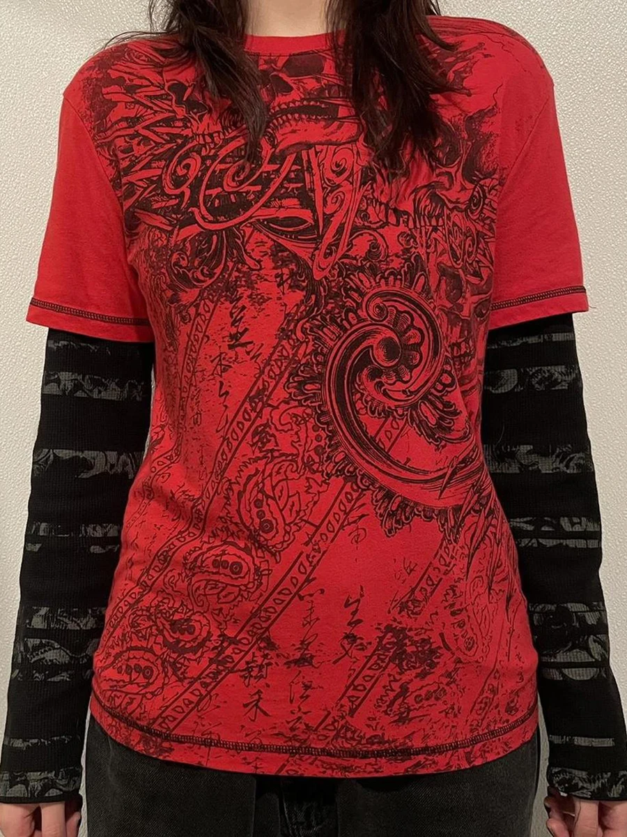 Women s Grunge Tops Abstract Print Ilgomis rankovėmis apvaliu kaklu laisvi marškinėliai Netikri dviejų dalių gatvės drabužių viršugalviai Nuotrauka 1