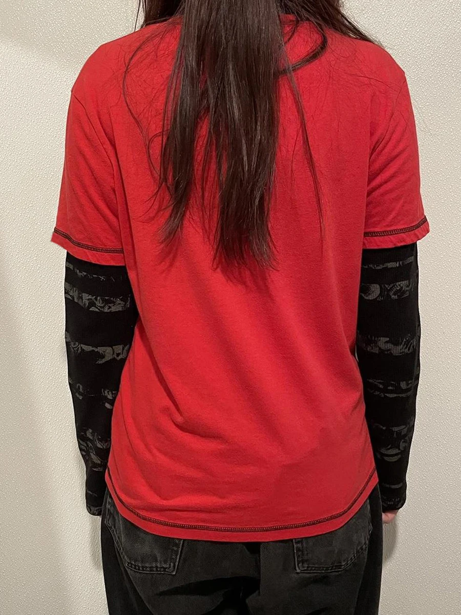 Women s Grunge Tops Abstract Print Ilgomis rankovėmis apvaliu kaklu laisvi marškinėliai Netikri dviejų dalių gatvės drabužių viršugalviai Nuotrauka 3