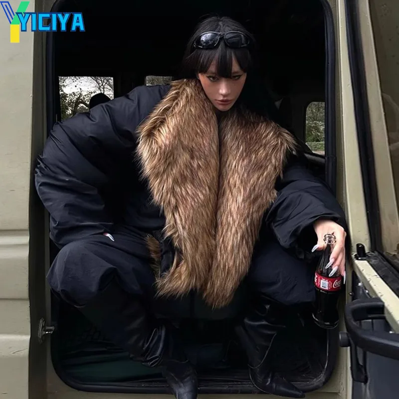 YICIYA striukė Aplinkos apsauga kailiniai moterys gotų kailis bombonešis Korėjos mados žiema Striukės nauja apranga streewear drabužiai Nuotrauka 0