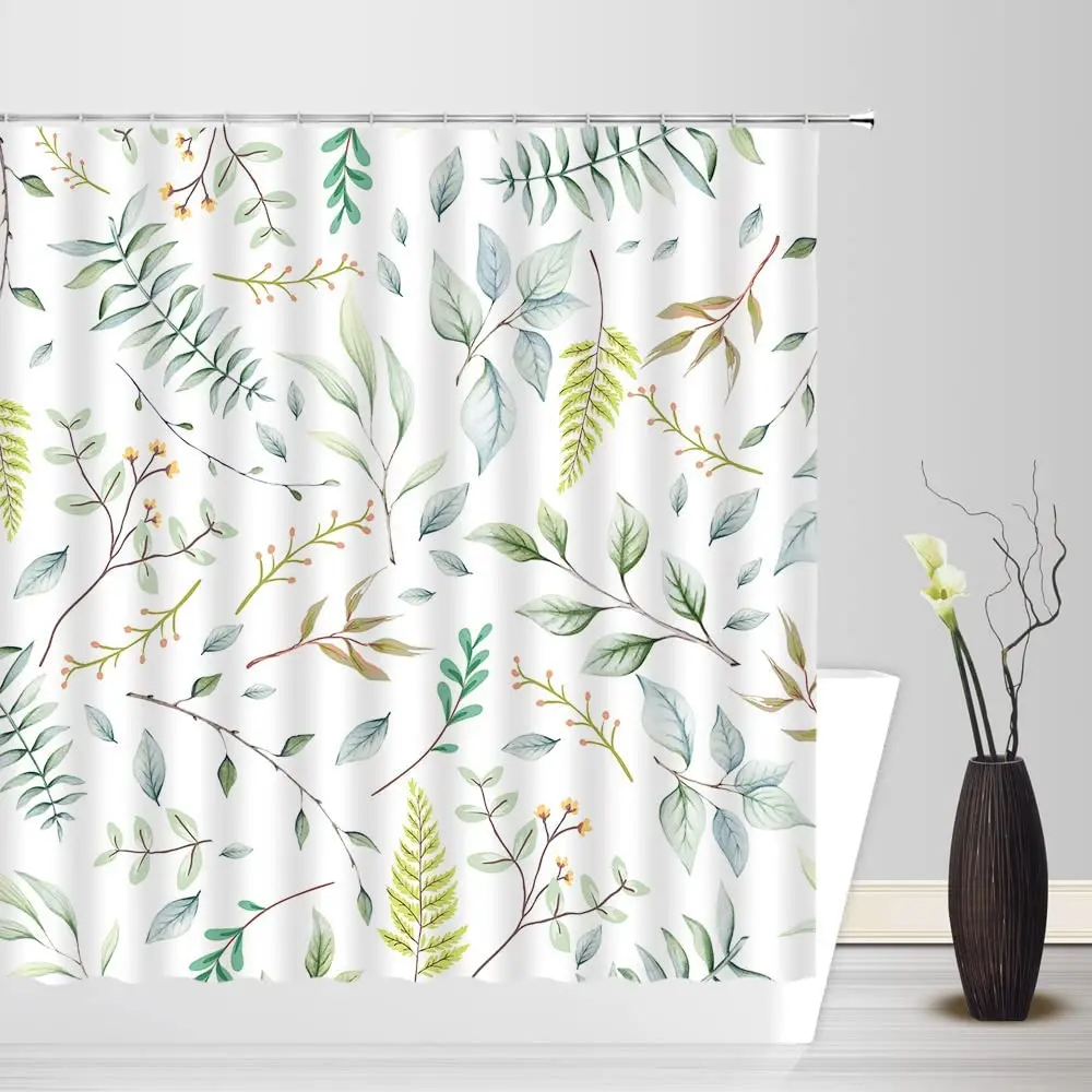Tropiniai žalieji lapai Augalų dušo užuolaidos Eukalipto lapų gamta Laukinės žolelės Botaninis vonios dekoras su kabliukais Vonios ekranai Nuotrauka 1