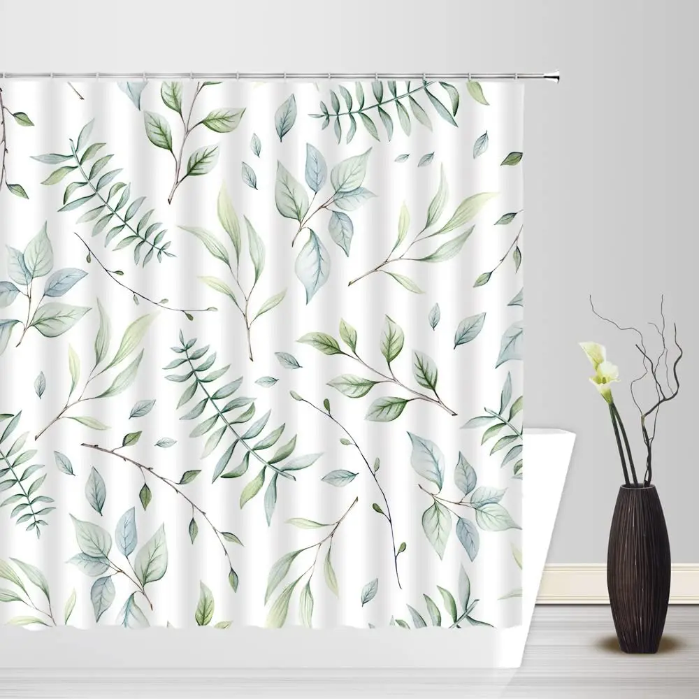 Tropiniai žalieji lapai Augalų dušo užuolaidos Eukalipto lapų gamta Laukinės žolelės Botaninis vonios dekoras su kabliukais Vonios ekranai Nuotrauka 2
