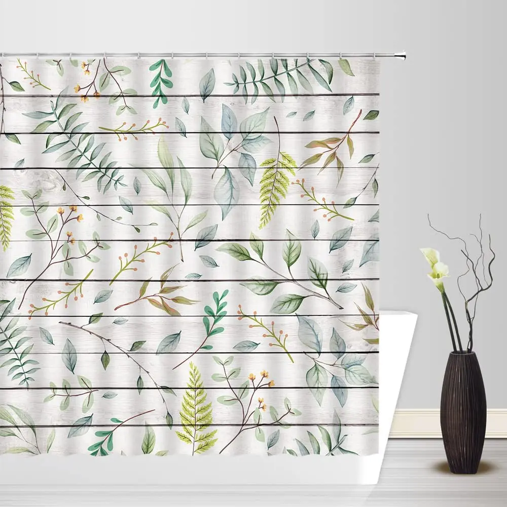 Tropiniai žalieji lapai Augalų dušo užuolaidos Eukalipto lapų gamta Laukinės žolelės Botaninis vonios dekoras su kabliukais Vonios ekranai Nuotrauka 4